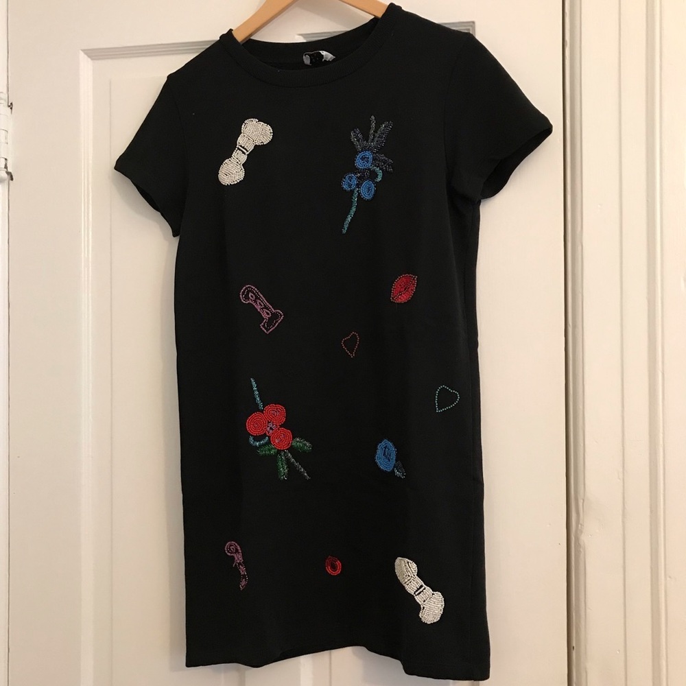 zara black mini dress w/ beaded applique